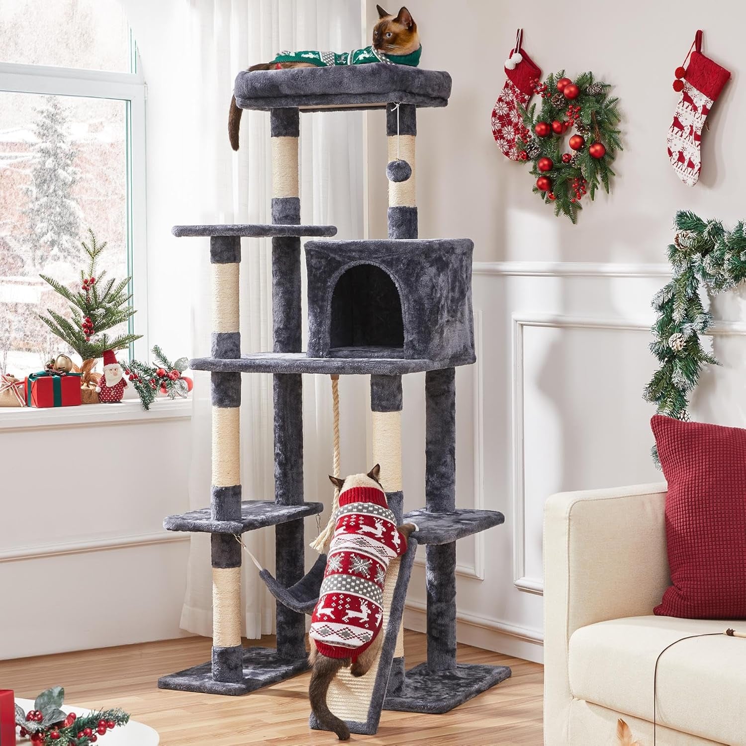 Cat Tree Cat Tower, 63 Inches Multi-Level Cat Tree for Indoor Cats, Tall Cat Tree with Sisal-Covered Scratching Posts & Condo, Cat Furniture Activity Center for Cats Kitten