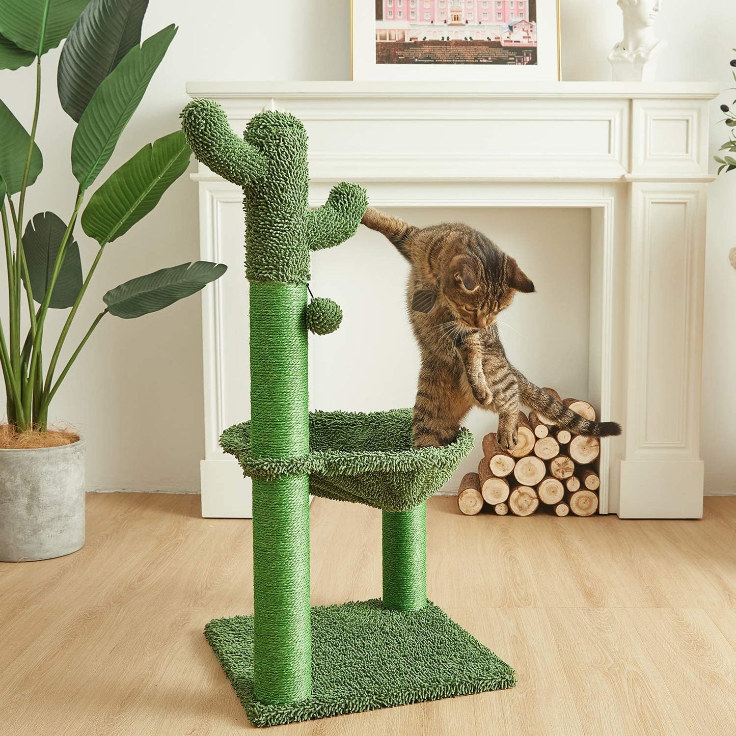 Cactus Cat Tree with Hammock and Full Wrapped Sisal Scratching Post for Cats