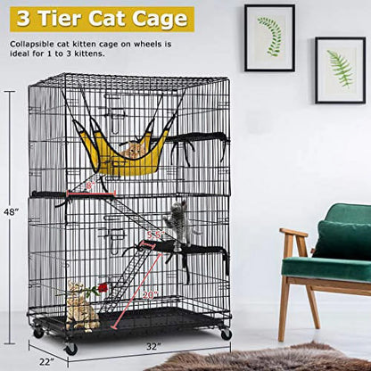 Cat Crate & Dog Kennel, 48", 3 Beds, 2 Doors, Ramp, Perches & Hammock