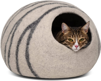 Premium Felt Cat Bed Cave - Handmade 100% Merino Wool Bed for Cats and Kittens (Light Shades) (Medium, Light Grey)