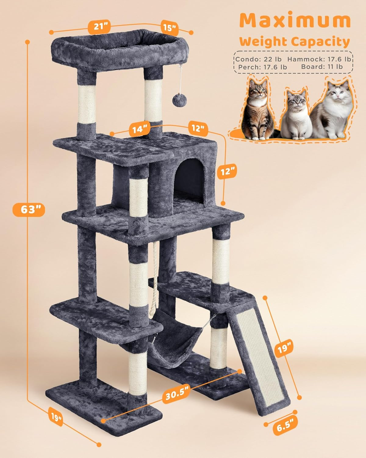 Cat Tree Cat Tower, 63 Inches Multi-Level Cat Tree for Indoor Cats, Tall Cat Tree with Sisal-Covered Scratching Posts & Condo, Cat Furniture Activity Center for Cats Kitten