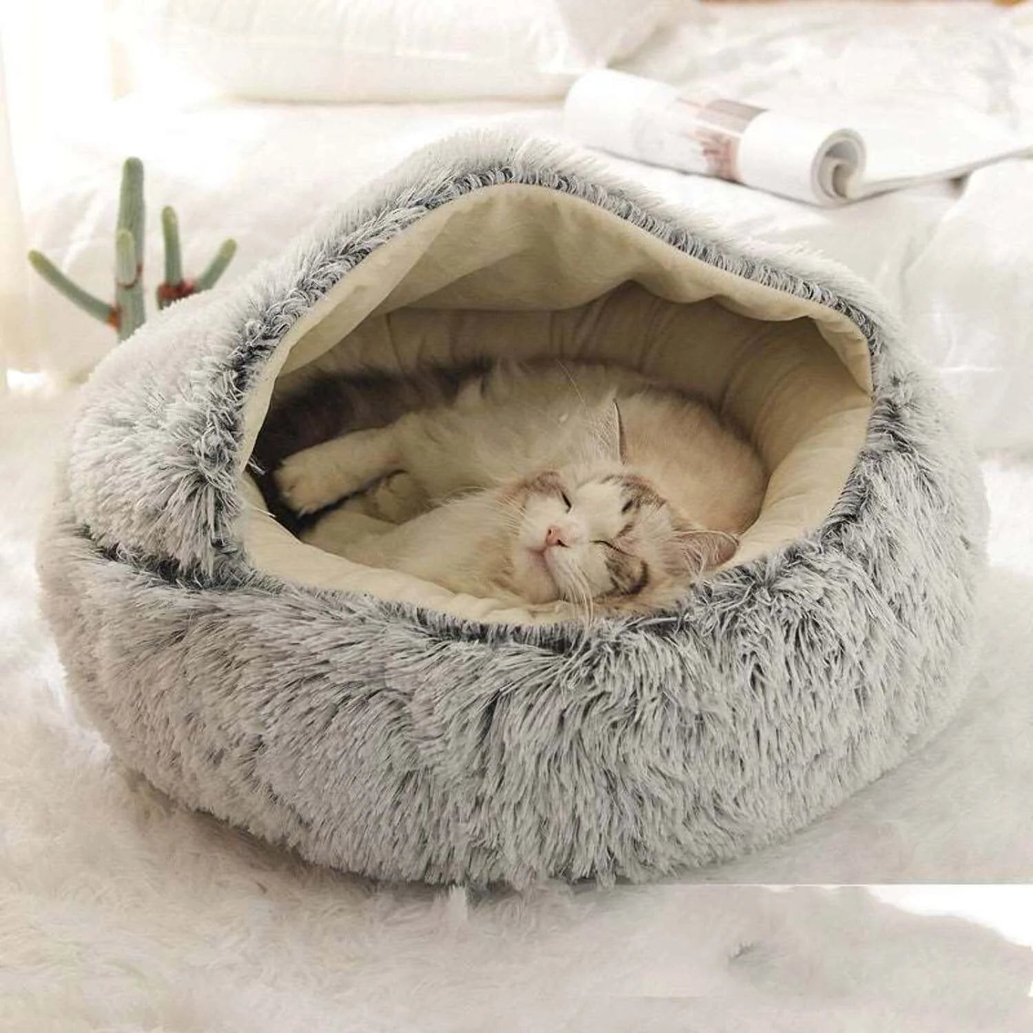 2 in 1 Dog and Cat Bed Pet Winter Bed round Plush Warm Bed House Soft Long Plush Pets Bed