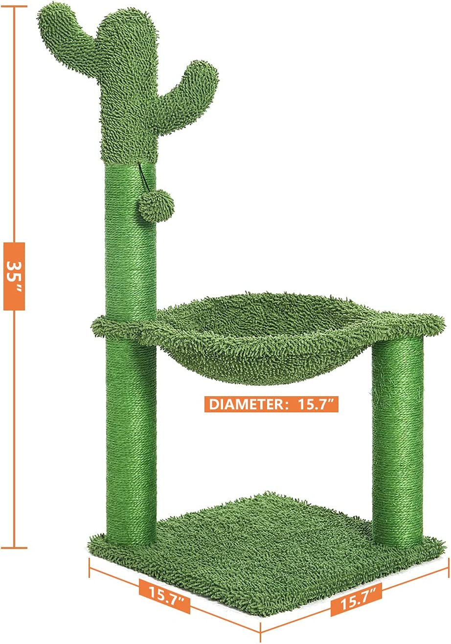 Cactus Cat Tree with Hammock and Full Wrapped Sisal Scratching Post for Cats