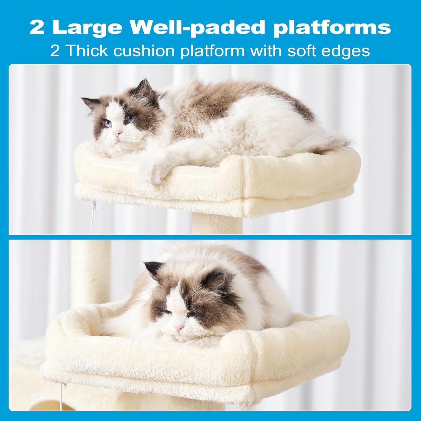 Large Multi-Level Cat Tree Condo Furniture with Sisal-Covered Scratching Posts, 2 Bigger Plush Condos, Perch Hammock for Kittens, Cats and Pets Beige MPJ020M