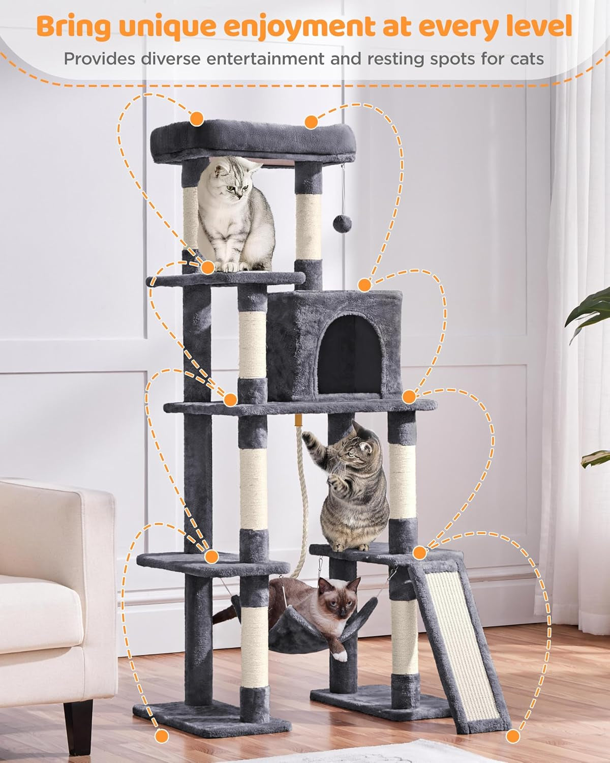 Cat Tree Cat Tower, 63 Inches Multi-Level Cat Tree for Indoor Cats, Tall Cat Tree with Sisal-Covered Scratching Posts & Condo, Cat Furniture Activity Center for Cats Kitten