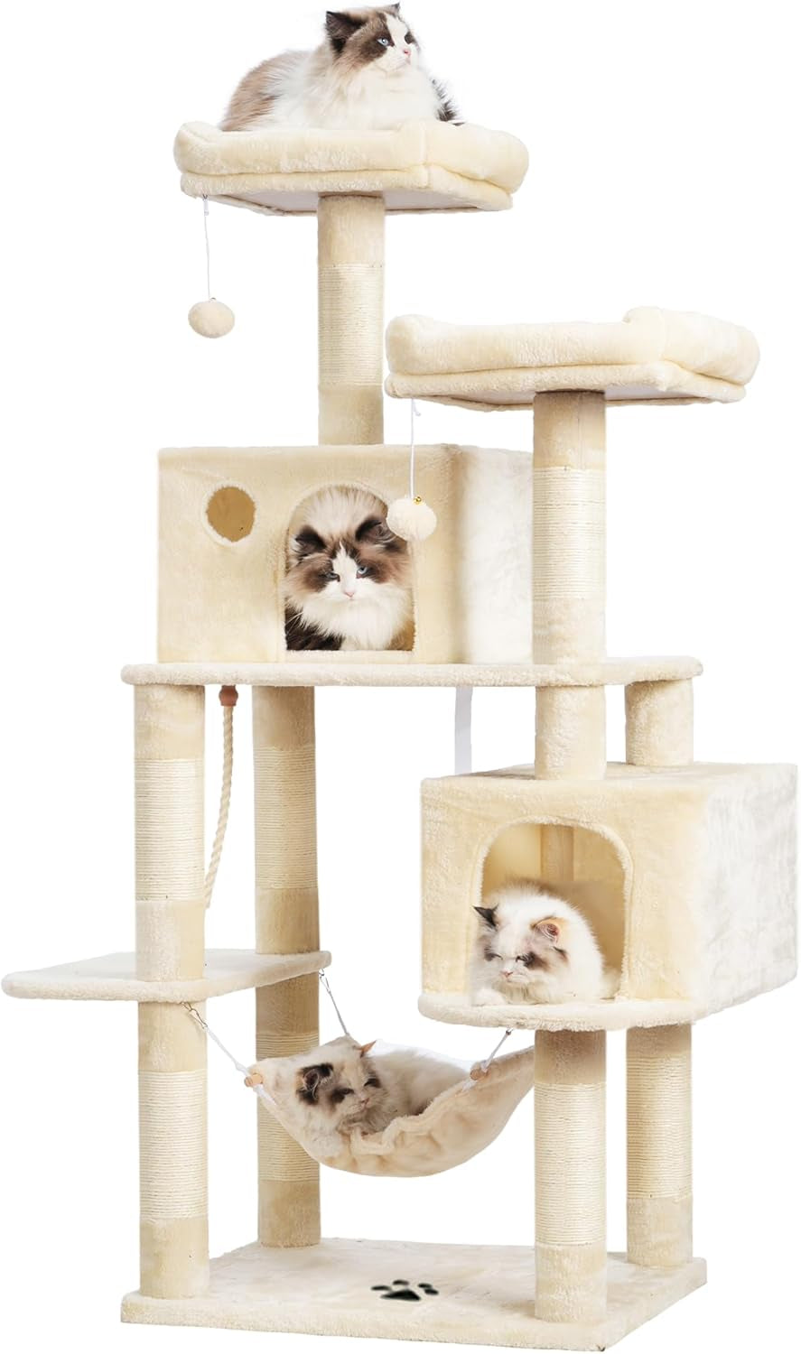 Large Multi-Level Cat Tree Condo Furniture with Sisal-Covered Scratching Posts, 2 Bigger Plush Condos, Perch Hammock for Kittens, Cats and Pets Beige MPJ020M